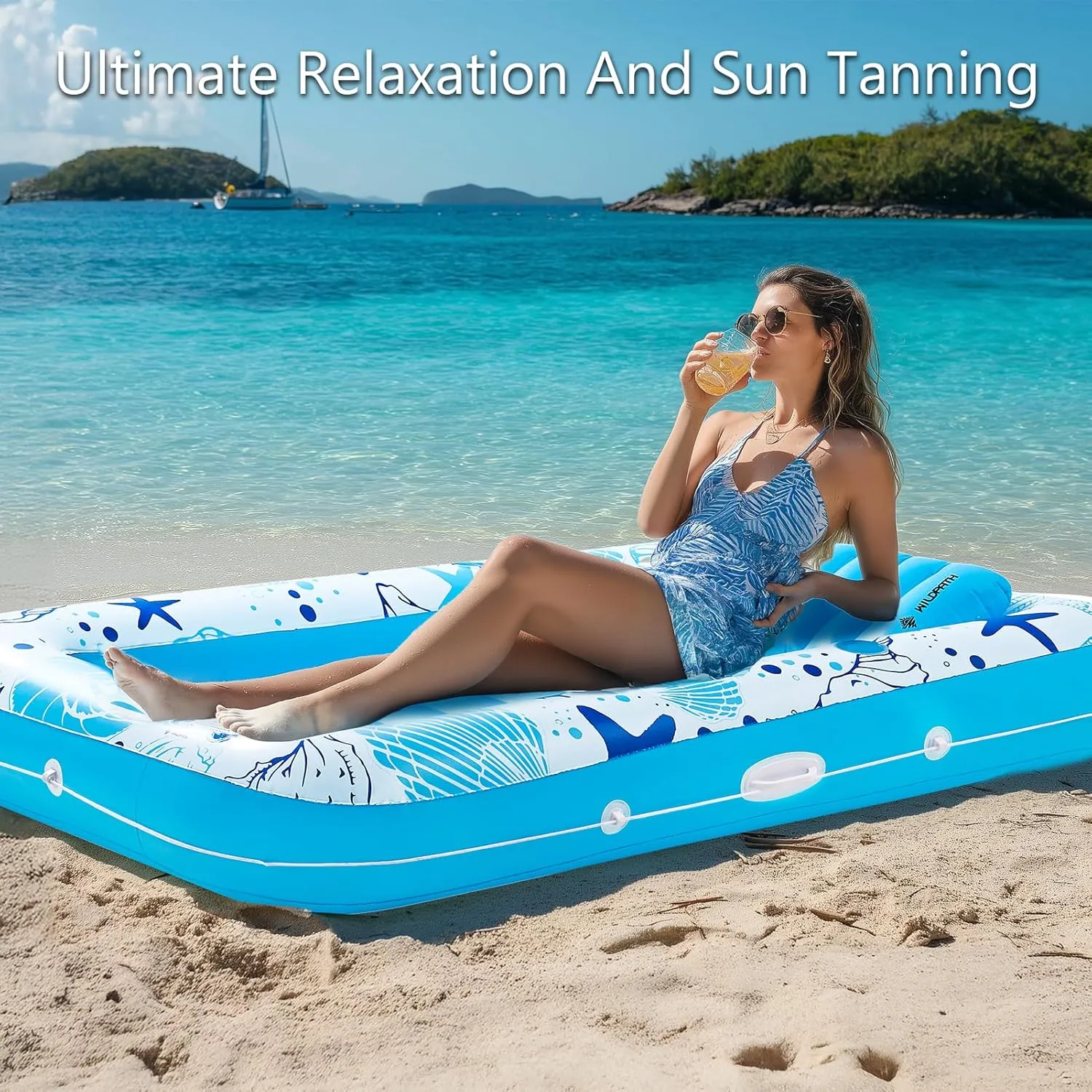 Inflatable Tanning Pool Lounger Float for Adults, 70" x 46" Pool Floats with Pillow, Large Tanning Bed for Backyard, Inflatable Sofa Pool Party Favors, Blue