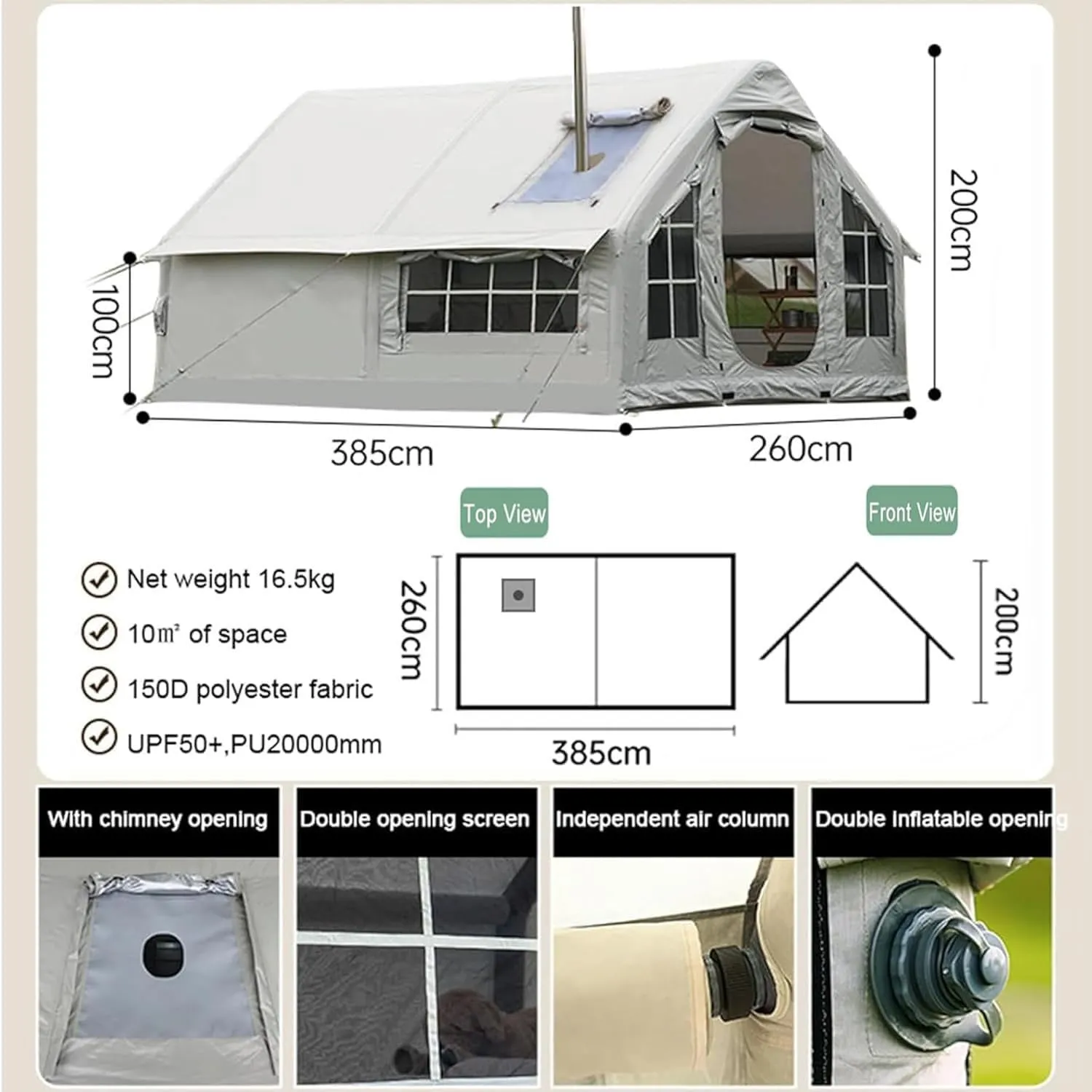 Inflatable Tent with Opening Chimney and Skylight, Outdoor Tent for 2-8 Persons with Air Pump, Large Waterproof Oxford Cloth Inflatable Tent, Easy Setup, Air Tent,Grey1
