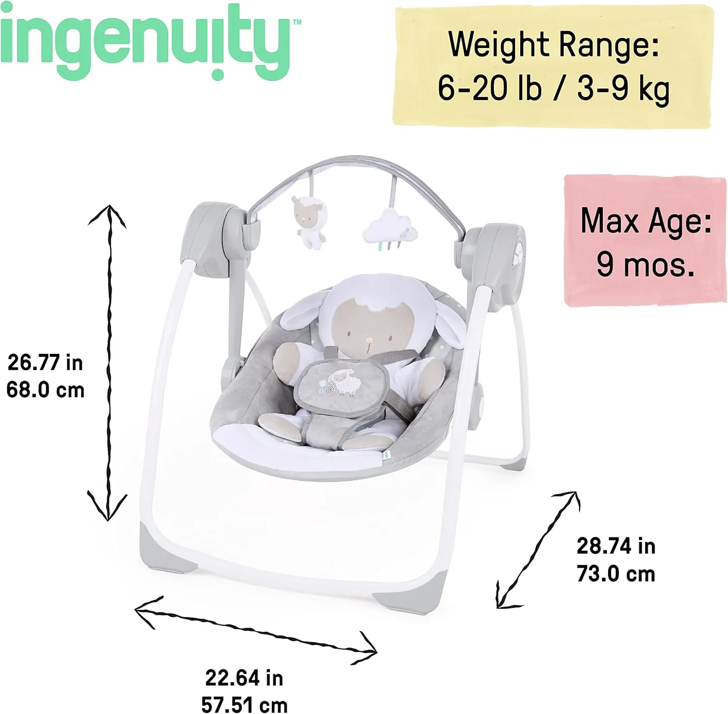 Ingenuity Comfort 2 Go Compact Portable 6-Speed Cushioned Baby Swing with Music, Folds Easy, 0-9 Months 6-20 lbs (Cuddle Lamb)