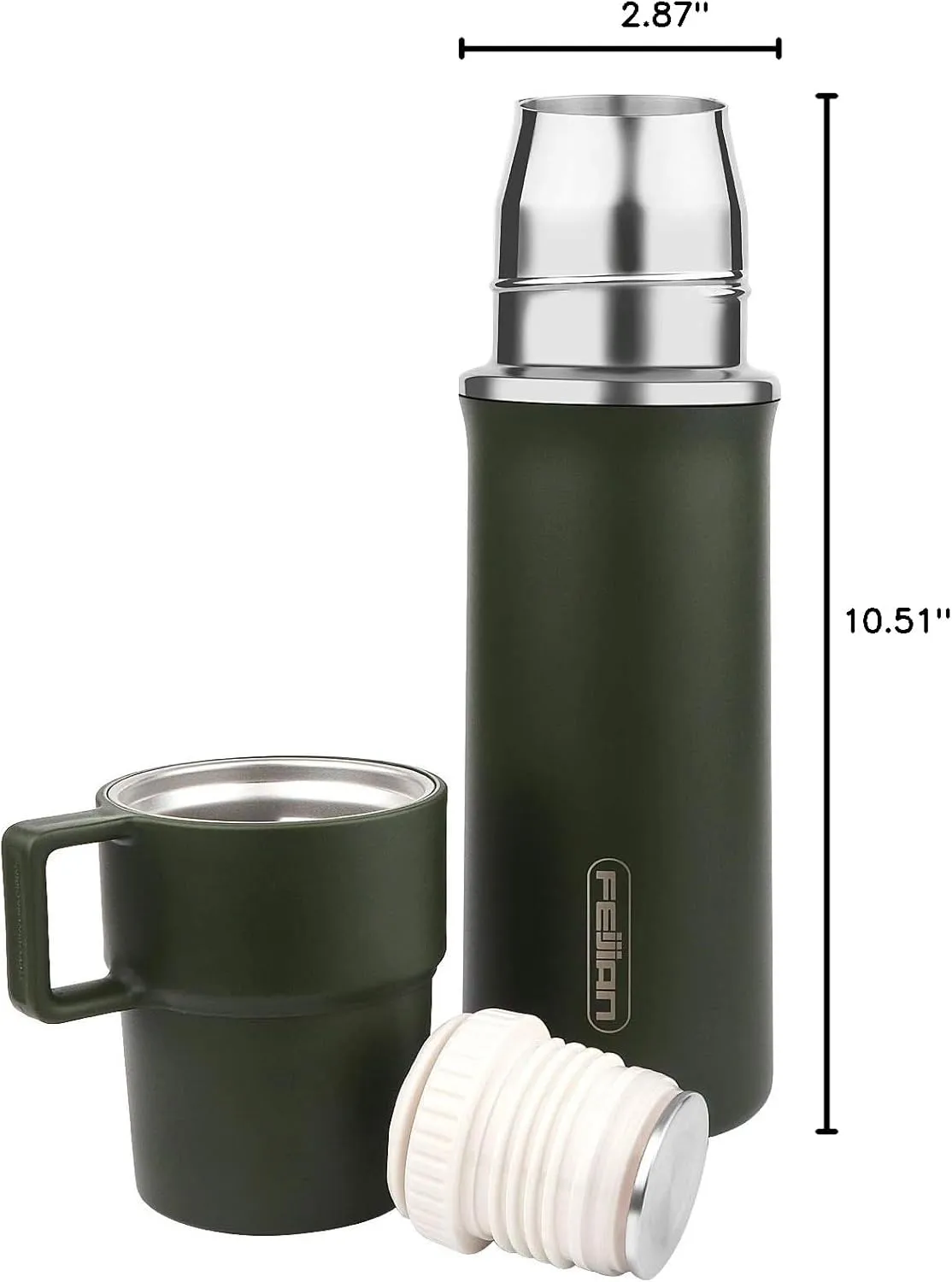 Insulated 21oz Stainless Steel Water Bottle with Cup & Handle, Double-Walled Thermal Bottle for Hot & Cold Drinks, Army Green