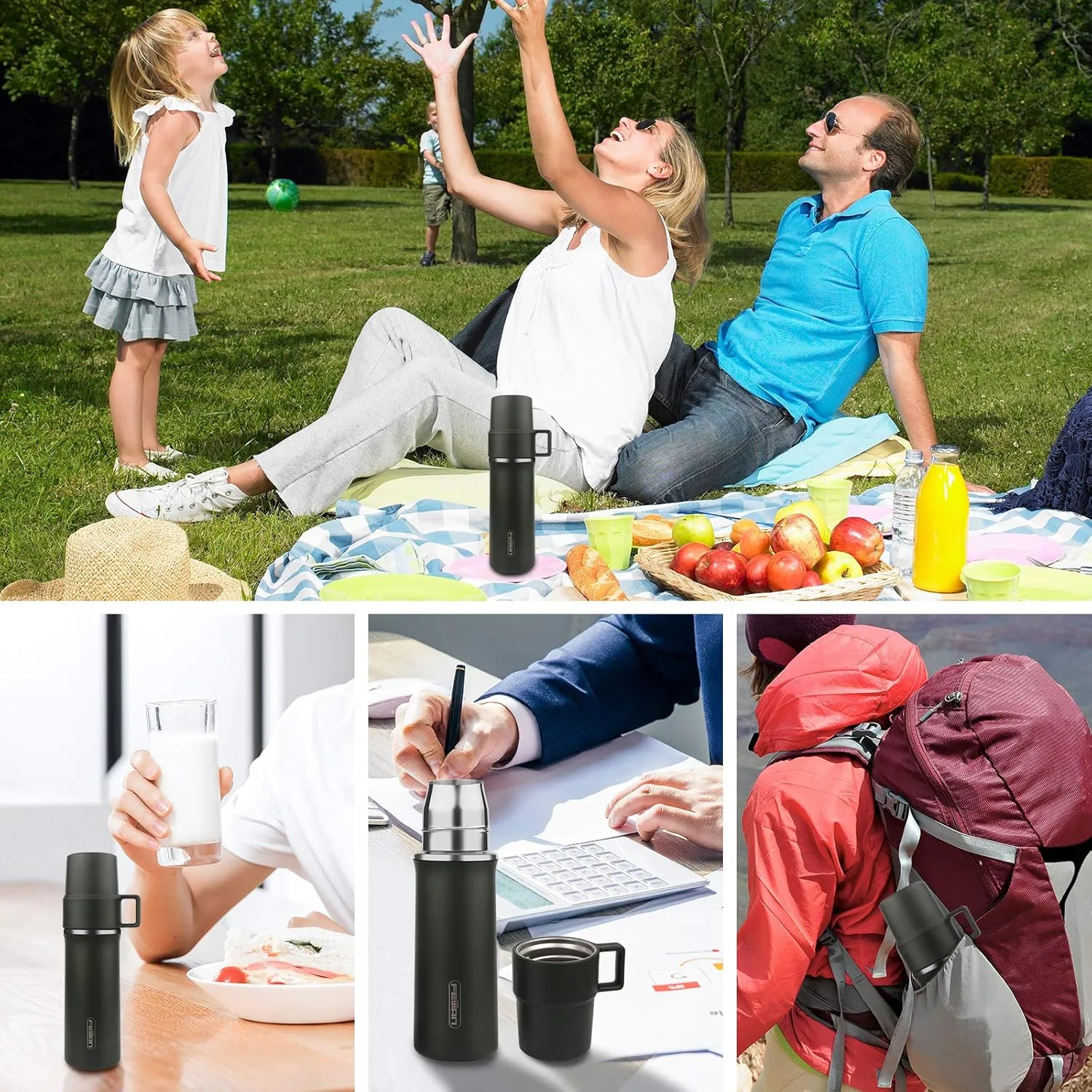 Insulated 21oz Stainless Steel Water Bottle with Cup & Handle, Double-Walled Thermal Bottle for Hot & Cold Drinks, Army Green