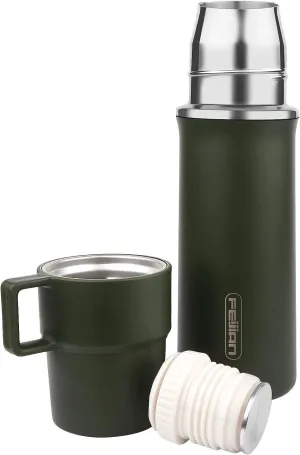 Insulated 21oz Stainless Steel Water Bottle with Cup & Handle, Double-Walled Thermal Bottle for Hot & Cold Drinks, Army Green