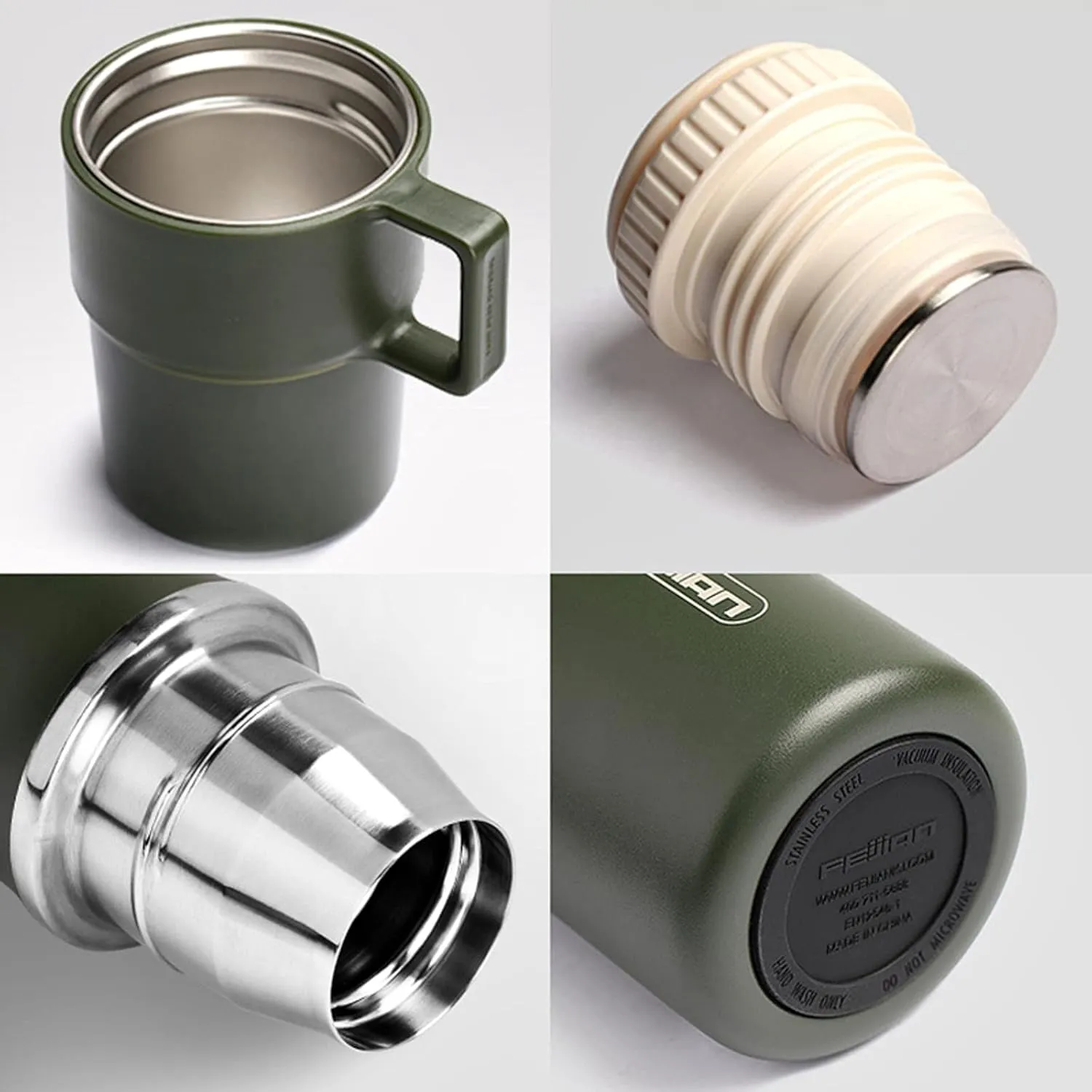 Insulated 21oz Stainless Steel Water Bottle with Cup & Handle, Double-Walled Thermal Bottle for Hot & Cold Drinks, Army Green