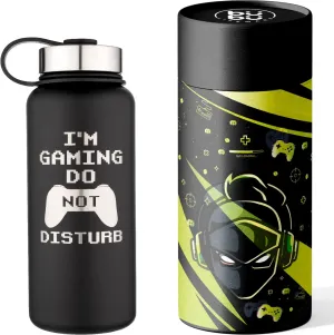 Insulated Gamer Water Bottle, 32oz, Flip Straw with Carry Loop, Stainless Steel
