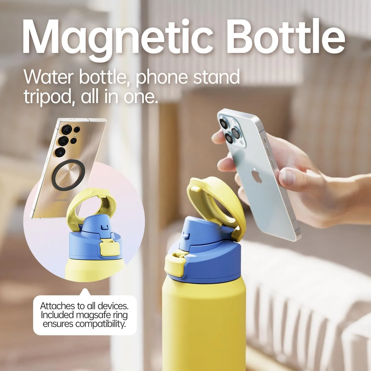 Insulated Magnetic Water Bottle - Reusable Stainless Steel Bottle with MagSafe Compatible Phone Holder - Keeps Cold for 24 Hours - Perfect for Gym, Sports, and Travel - Yellow 32oz