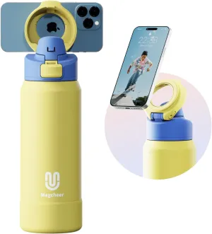 Insulated Magnetic Water Bottle - Reusable Stainless Steel Bottle with MagSafe Compatible Phone Holder - Keeps Cold for 24 Hours - Perfect for Gym, Sports, and Travel - Yellow 32oz