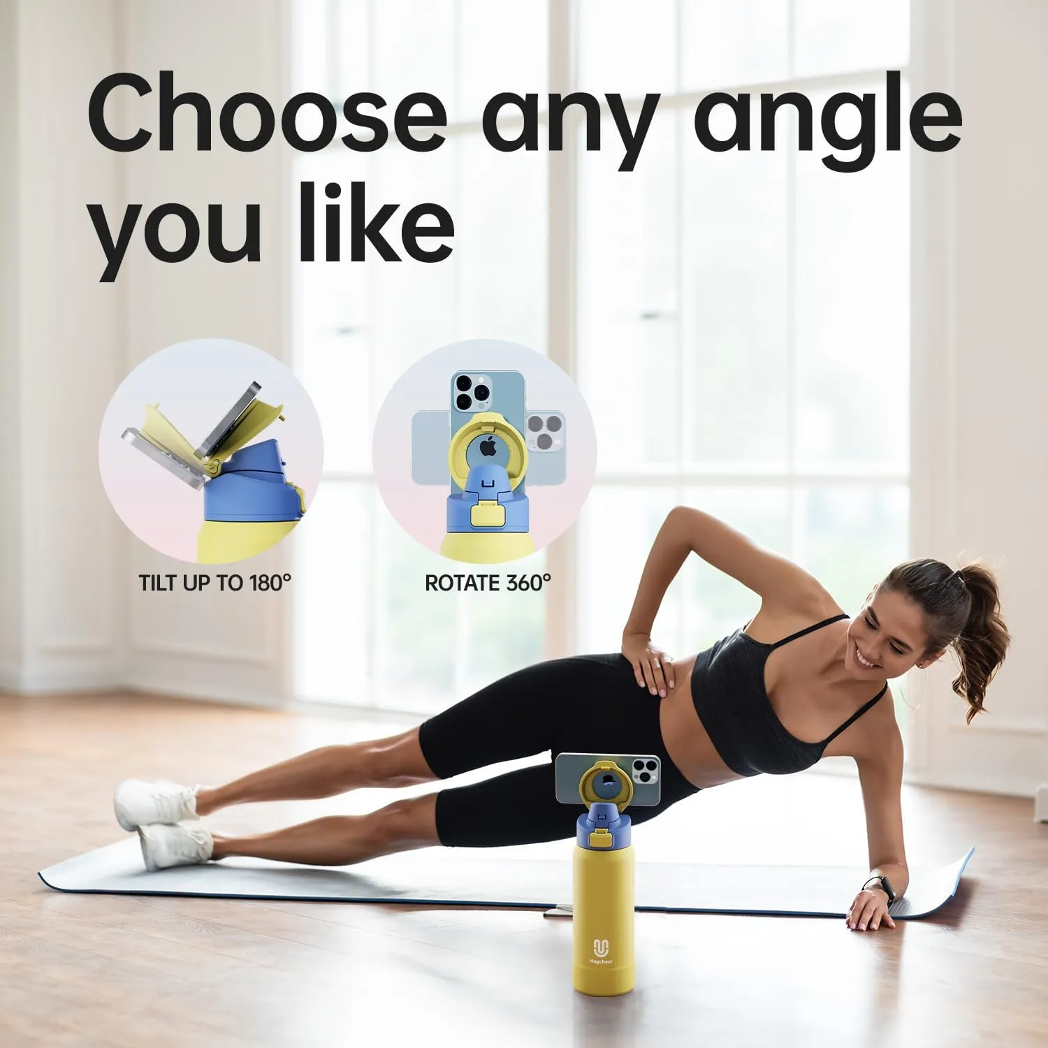 Insulated Magnetic Water Bottle - Reusable Stainless Steel Bottle with MagSafe Compatible Phone Holder - Keeps Cold for 24 Hours - Perfect for Gym, Sports, and Travel - Yellow 32oz