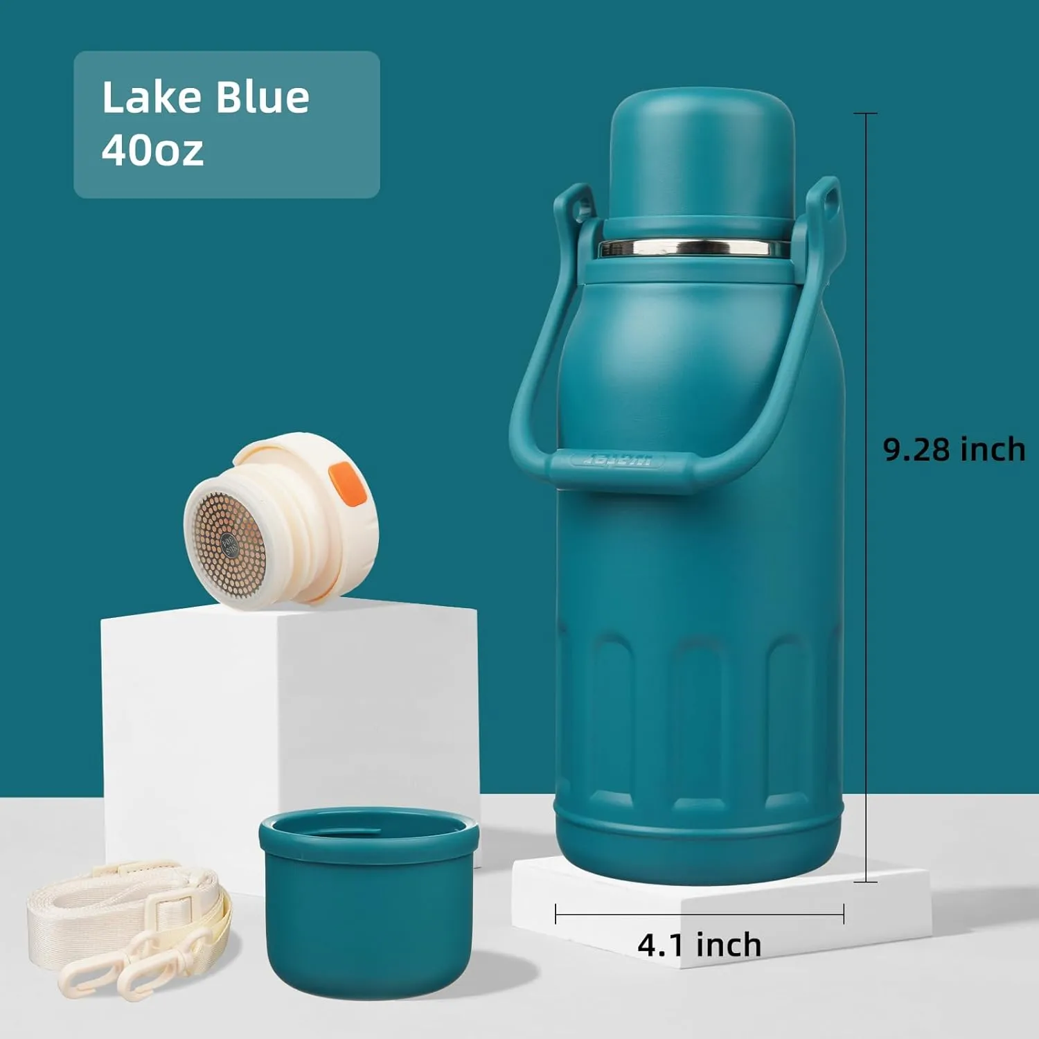 Insulated Water Bottle with Handle and Strap,Vacuum Travel Tumbler with Cup Lid,Thermo Coffee Cup for Hot Cold Drinks 40 OZ,Lake Blue