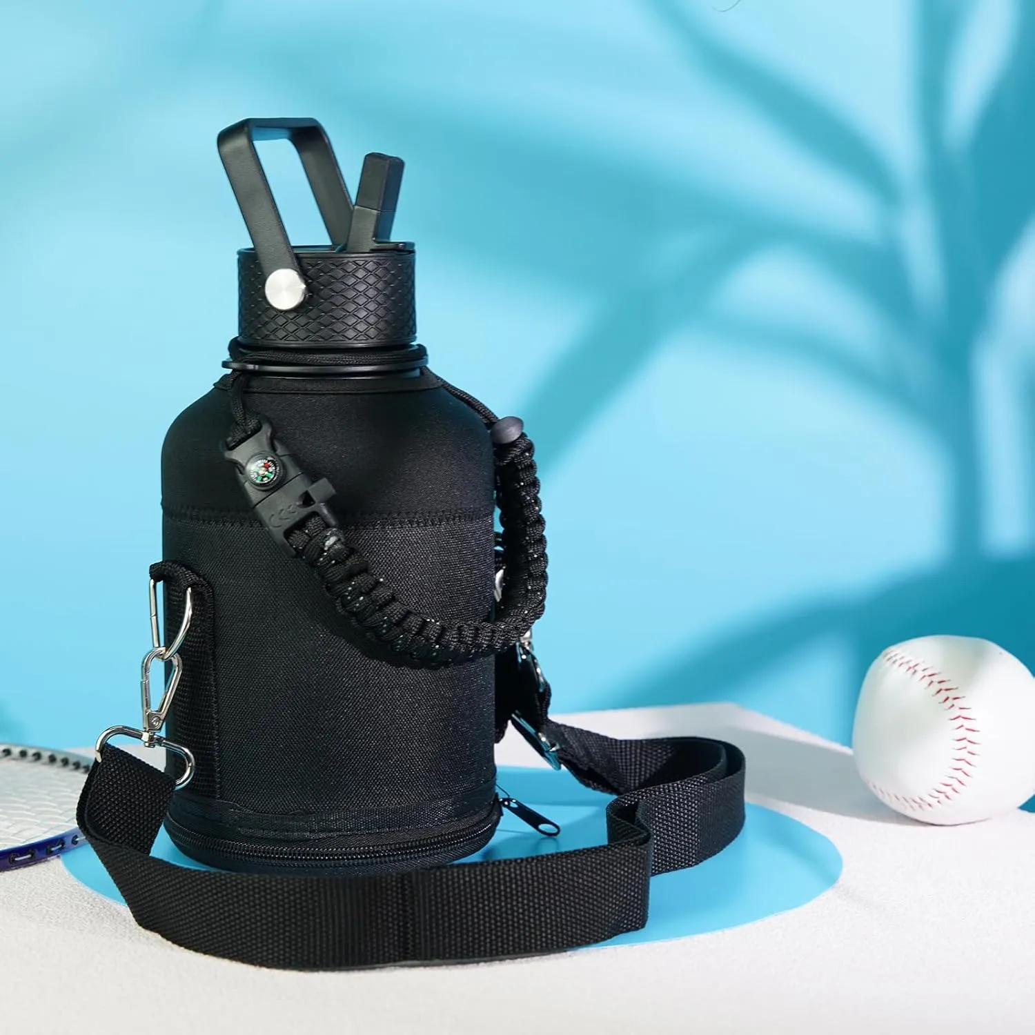 Insulated Water Bottle with Straw,50 oz 3 Lids Water Jug with Carrying Bag,Paracord Handle,Double Wall Vacuum Stainless Steel Metal Flask,Black