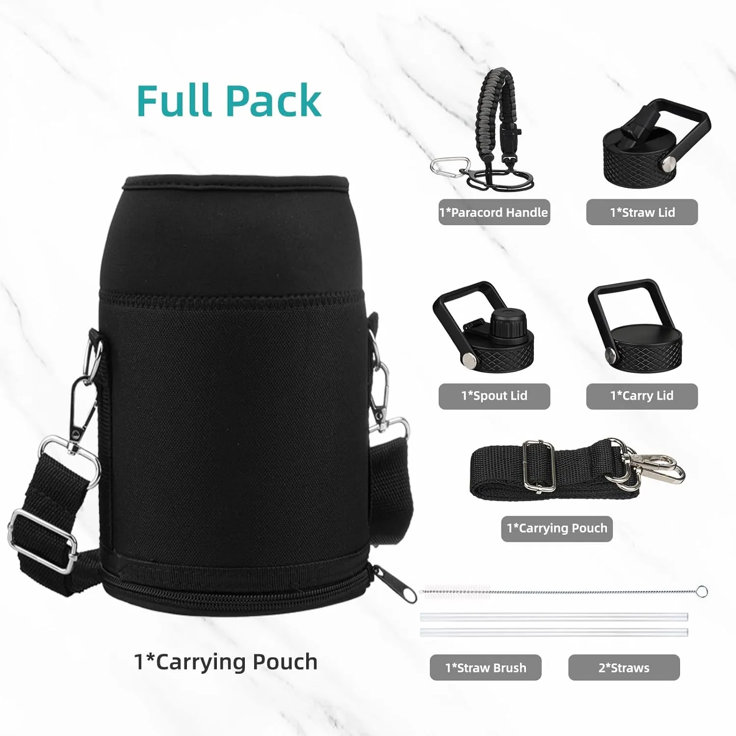 Insulated Water Bottle with Straw,50 oz 3 Lids Water Jug with Carrying Bag,Paracord Handle,Double Wall Vacuum Stainless Steel Metal Flask,Black