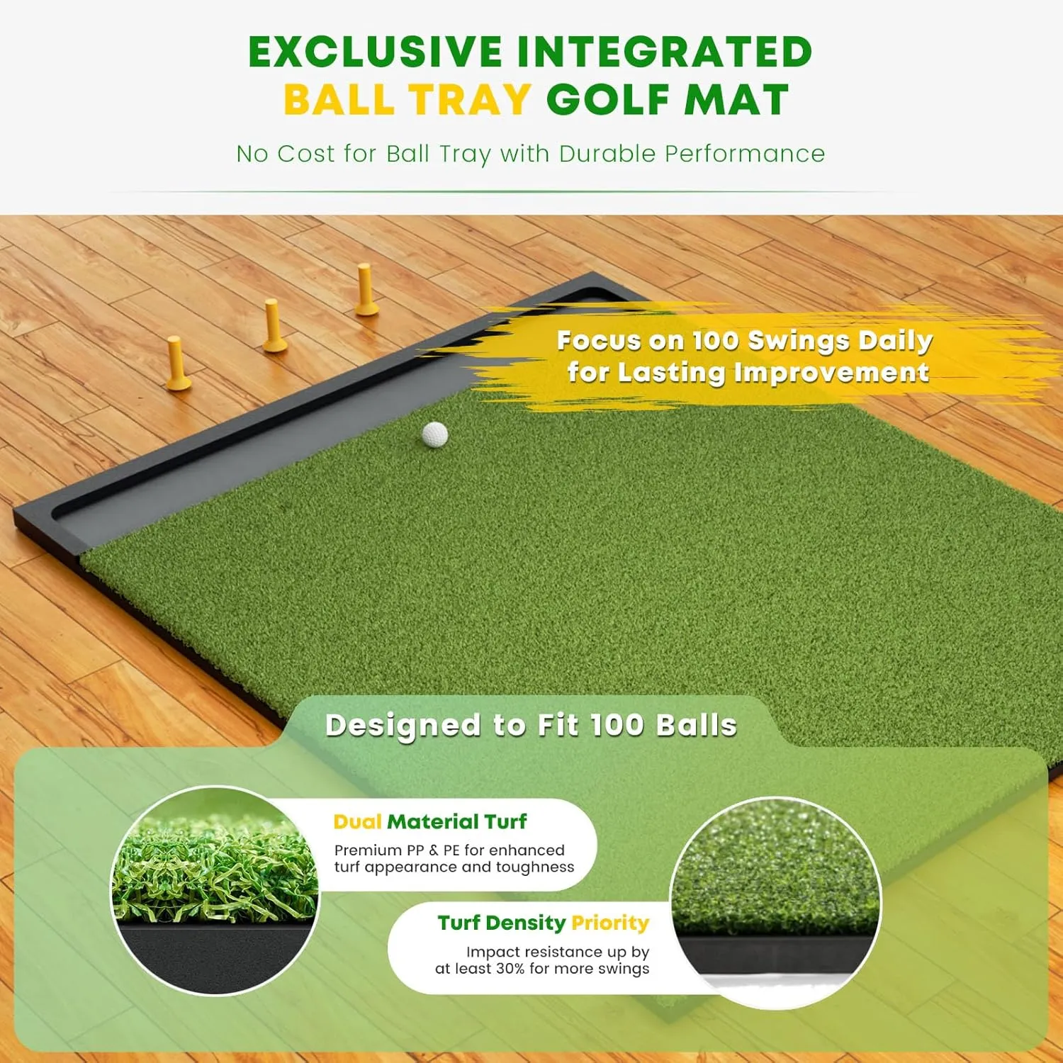 Integrated 5x4ft & 6x4ft Golf Mat with Ball Tray, Thickening Golf Mats Practice Outdoor & Indoor, Artificial Turf Matt with 3 Tees for Hitting, Driving, Chipping, Swing in Backyard, Garage or Basement