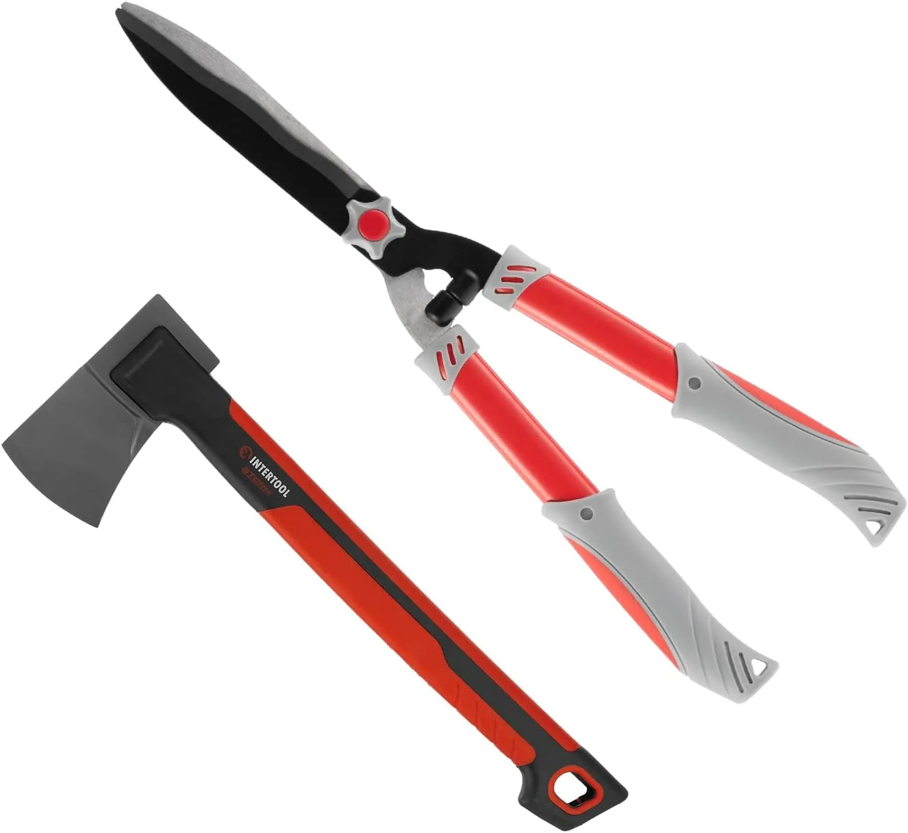 INTERTOOL Hatchet and Hedge Shear Set - 2 lbs Small Axe with 18-inch Handle - 22-inch Wavy Blade Manual Pruner - Shock Absorbing Anti-Slip HT08-0292-1102
