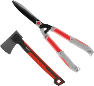 INTERTOOL Hatchet and Hedge Shear Set - 2 lbs Small Axe with 18-inch Handle - 22-inch Wavy Blade Manual Pruner - Shock Absorbing Anti-Slip HT08-0292-1102