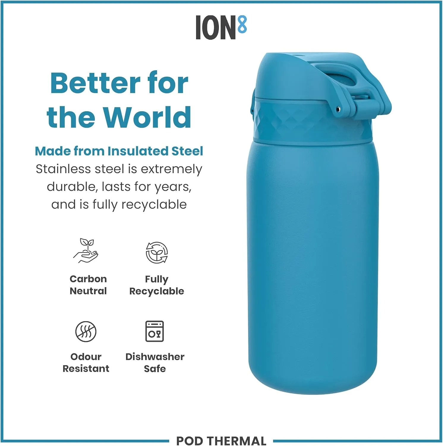 ION8 Insulated Steel Water Bottle, 320 ml/11 oz, Leak Proof, Easy to Open, Secure Lock, Dishwasher Safe, Carry Handle, Flip Cover, Scratch Resistant, Durable Stainless Steel, Carbon Neutral, Blue