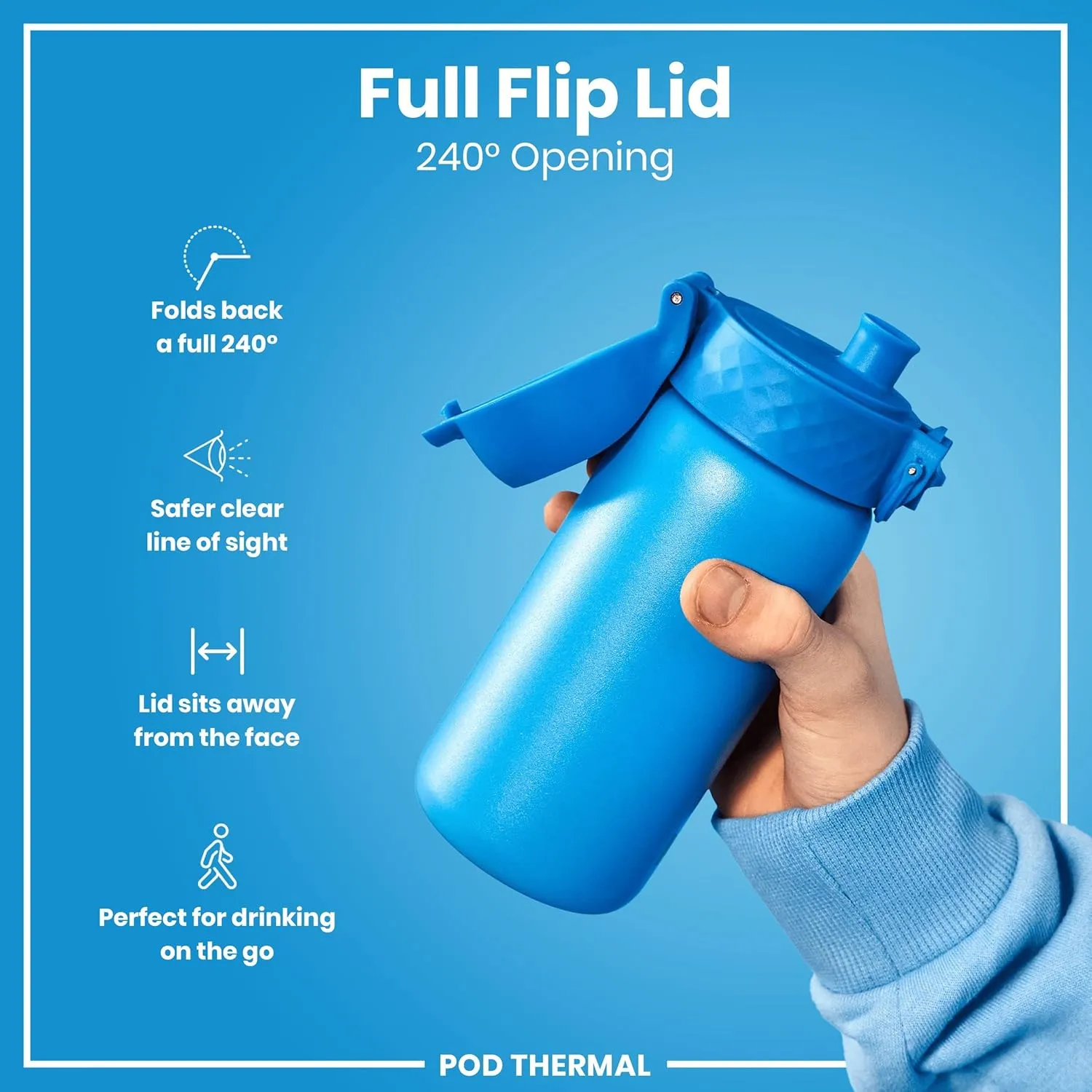 ION8 Insulated Steel Water Bottle, 320 ml/11 oz, Leak Proof, Easy to Open, Secure Lock, Dishwasher Safe, Carry Handle, Flip Cover, Scratch Resistant, Durable Stainless Steel, Carbon Neutral, Blue