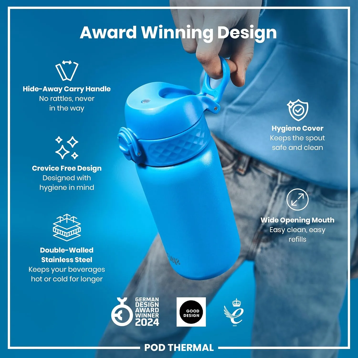 ION8 Insulated Steel Water Bottle, 320 ml/11 oz, Leak Proof, Easy to Open, Secure Lock, Dishwasher Safe, Carry Handle, Flip Cover, Scratch Resistant, Durable Stainless Steel, Carbon Neutral, Blue