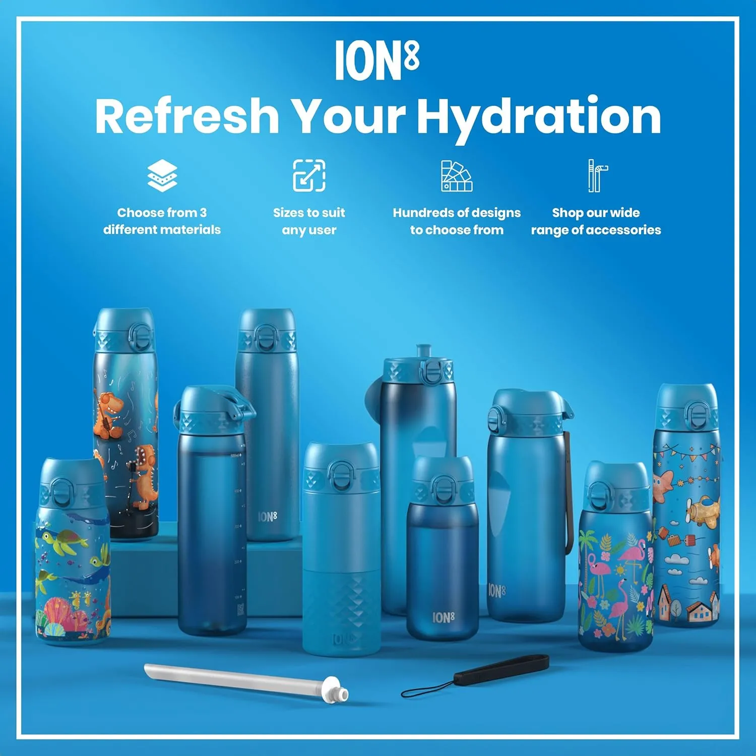 ION8 Insulated Steel Water Bottle, 320 ml/11 oz, Leak Proof, Easy to Open, Secure Lock, Dishwasher Safe, Carry Handle, Flip Cover, Scratch Resistant, Durable Stainless Steel, Carbon Neutral, Blue