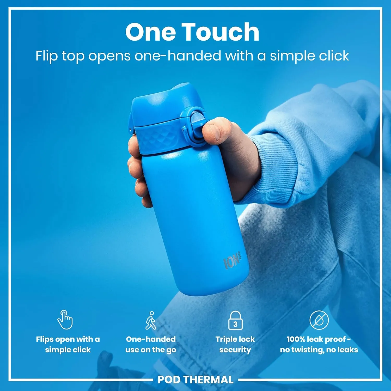 ION8 Insulated Steel Water Bottle, 320 ml/11 oz, Leak Proof, Easy to Open, Secure Lock, Dishwasher Safe, Carry Handle, Flip Cover, Scratch Resistant, Durable Stainless Steel, Carbon Neutral, Blue