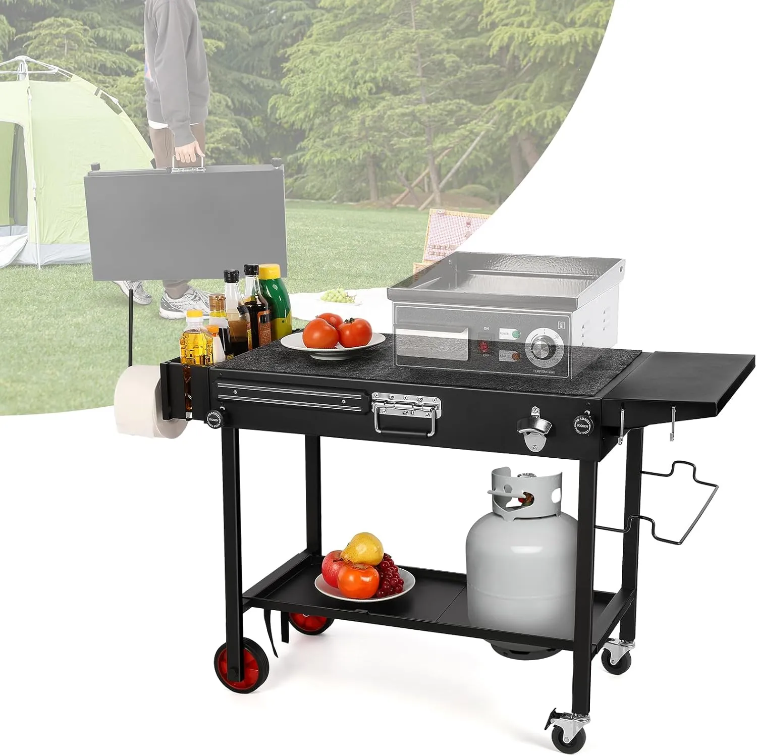 IRONWALLS Outdoor Grill Table Cart, 31"L x 17" W Folding Grilling Cart with Wheels, Portable Griddle Stand Pizza Oven Table, Food Prep Table, Wood-fire Grill Stand for Barbecue, Camping