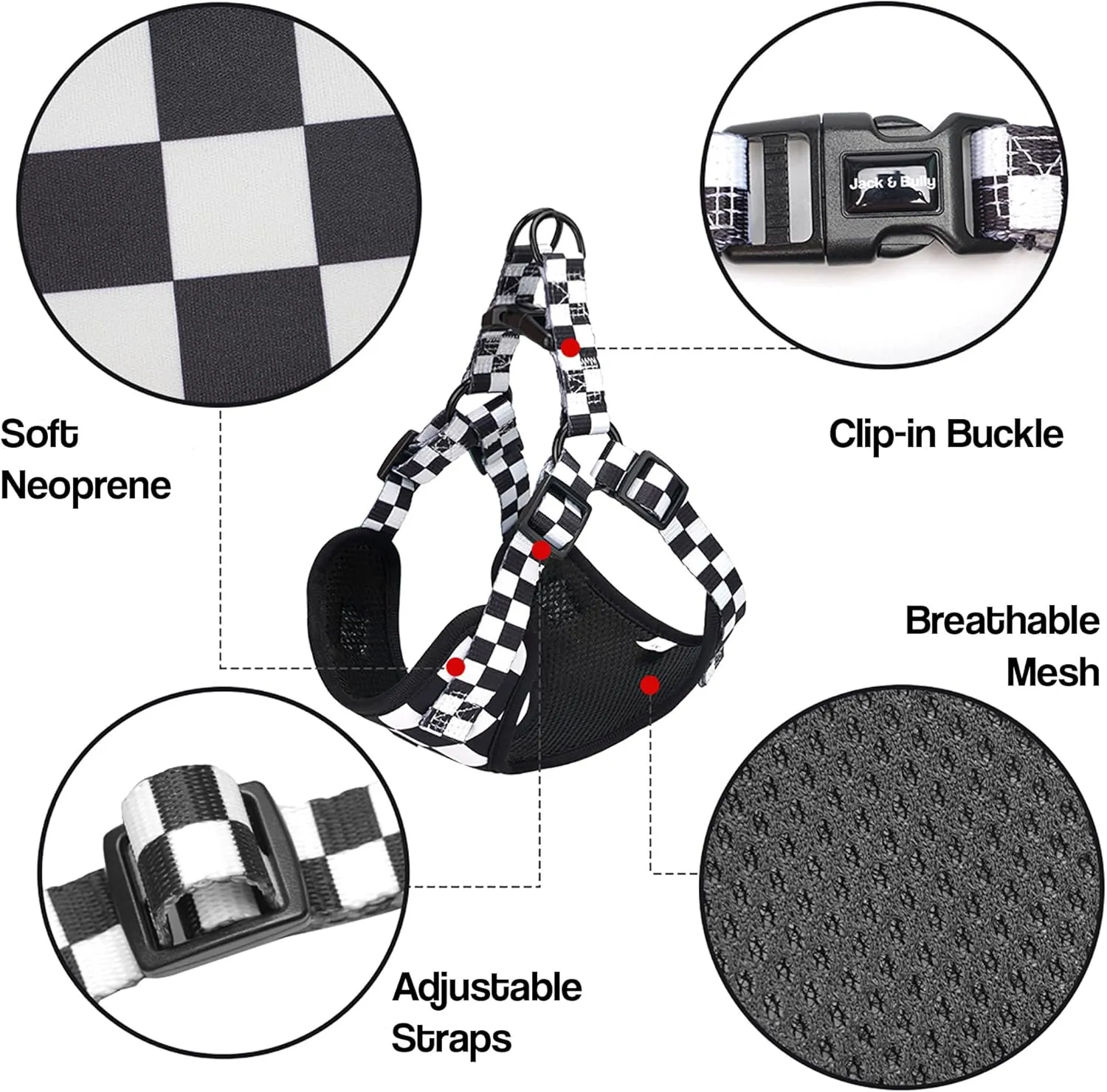Jack & Bully Dog Harness, No Pull Vest Step-in Adjustable Neoprene Soft with Breathable Mesh, All Weather, French Bulldog (Small, Checkered)