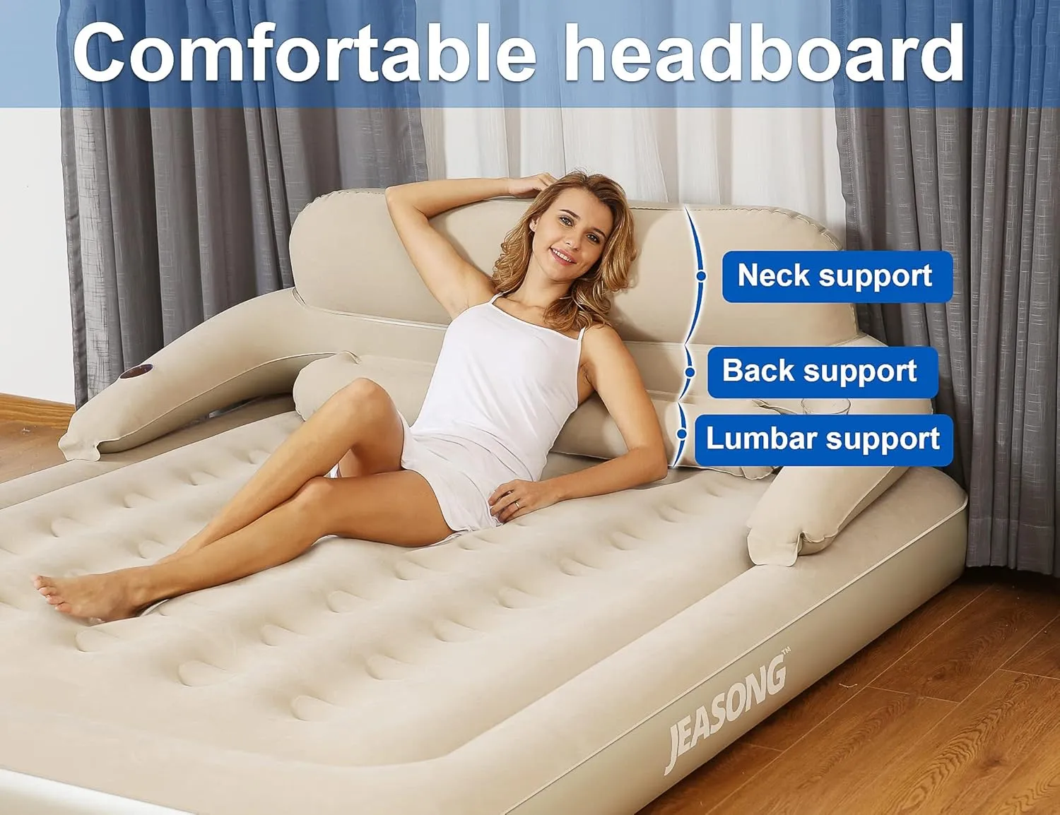 JEASONG Air Mattress with Headboard, Fast Inflation/Deflation Inflatable Airbed, 9 Inches High Blow Up Bed with Comfortable Flocked Top for Home Guest Travel Camping (Queen Beige)