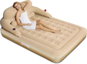 JEASONG Air Mattress with Headboard, Fast Inflation/Deflation Inflatable Airbed, 9 Inches High Blow Up Bed with Comfortable Flocked Top for Home Guest Travel Camping (Queen Beige)