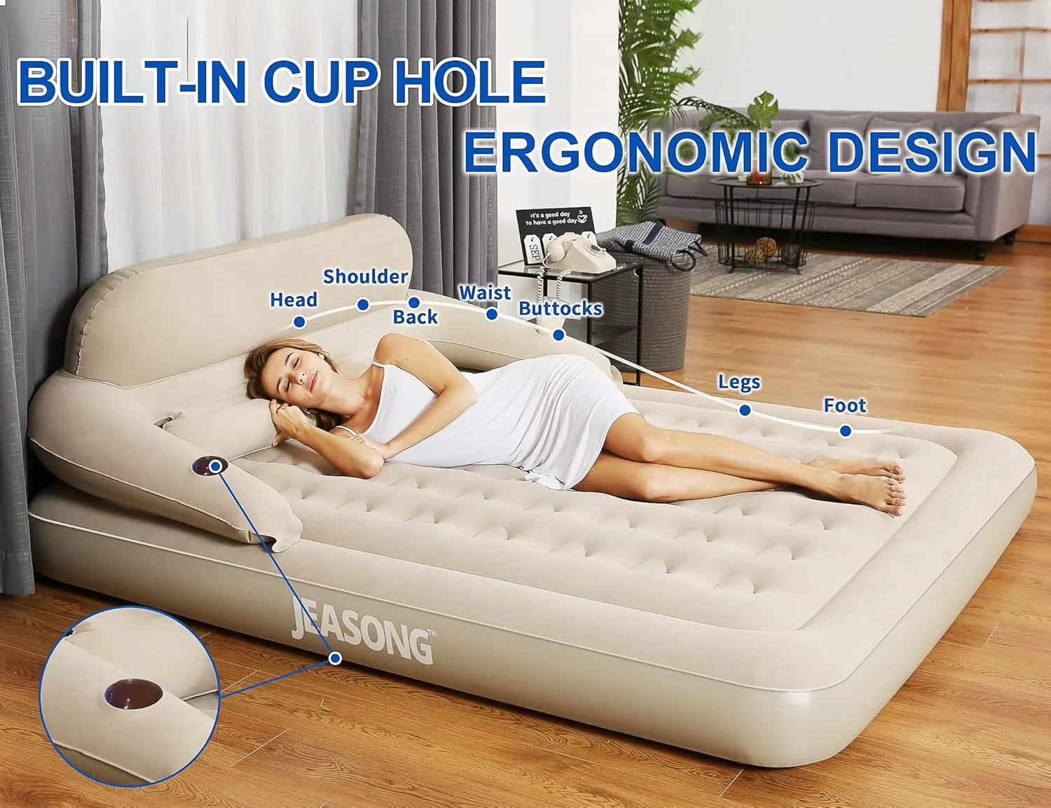 JEASONG Air Mattress with Headboard, Fast Inflation/Deflation Inflatable Airbed, 9 Inches High Blow Up Bed with Comfortable Flocked Top for Home Guest Travel Camping (Queen Beige)