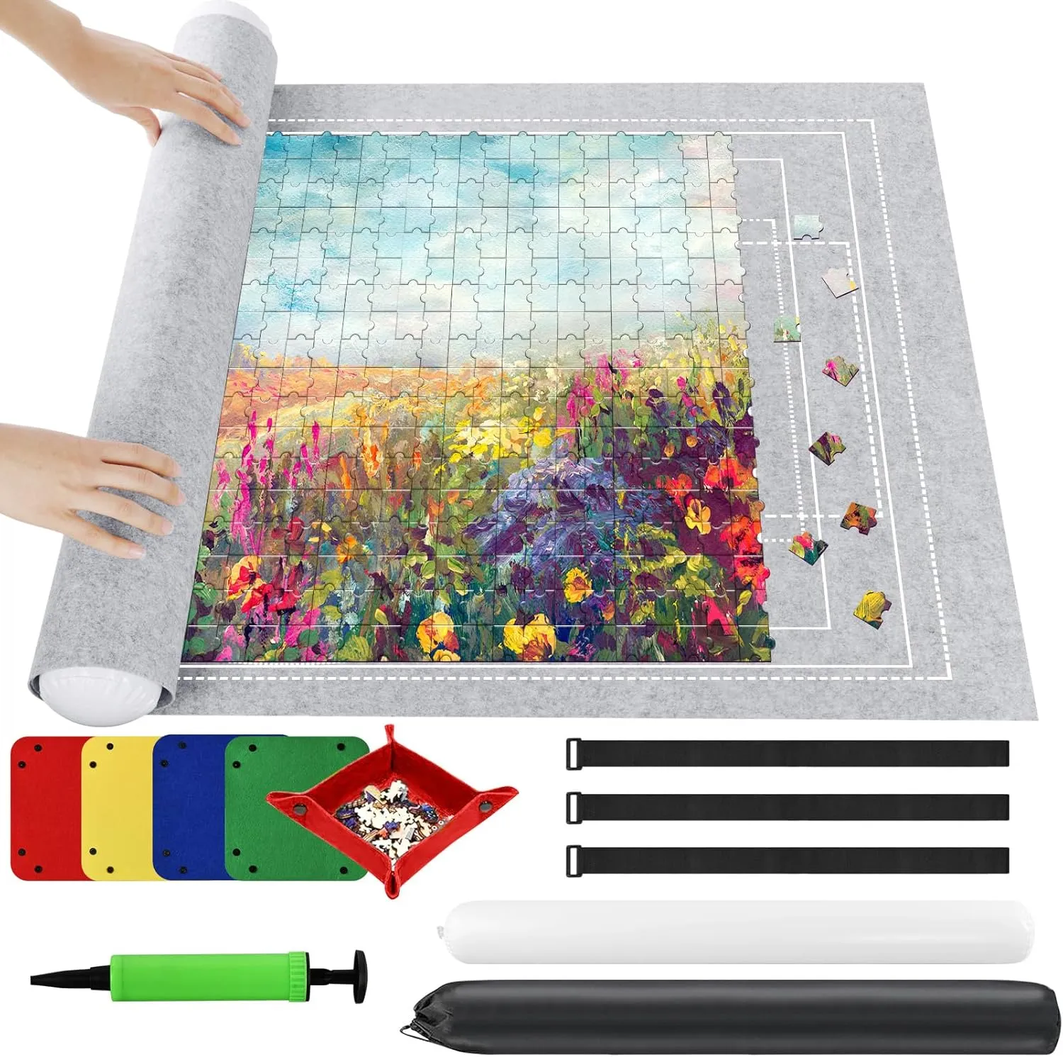 Jigsaw Puzzle Mat Roll Up 2000 Pieces, 47” x 31.5” Portable Felt Puzzles Board with 4 Sorting Trays & Travel Storage Bag, Jigsaw Saver Pad Keeper for Adults Teens, Gray