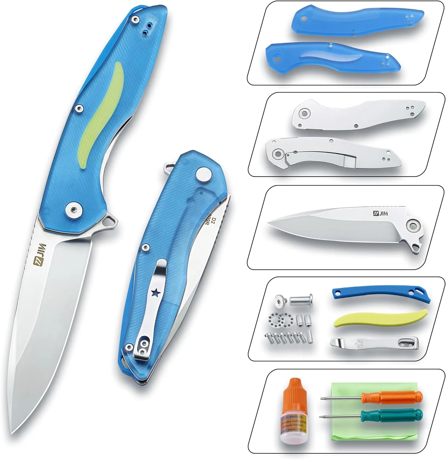 JIN Pocket Knife for Men, Folding Knives, Captain EDC Knife with Clip, Sharp 3.5" D2 Blade, Acrylic Handle, DIY Kit, Gift Idea, Camping, Hiking