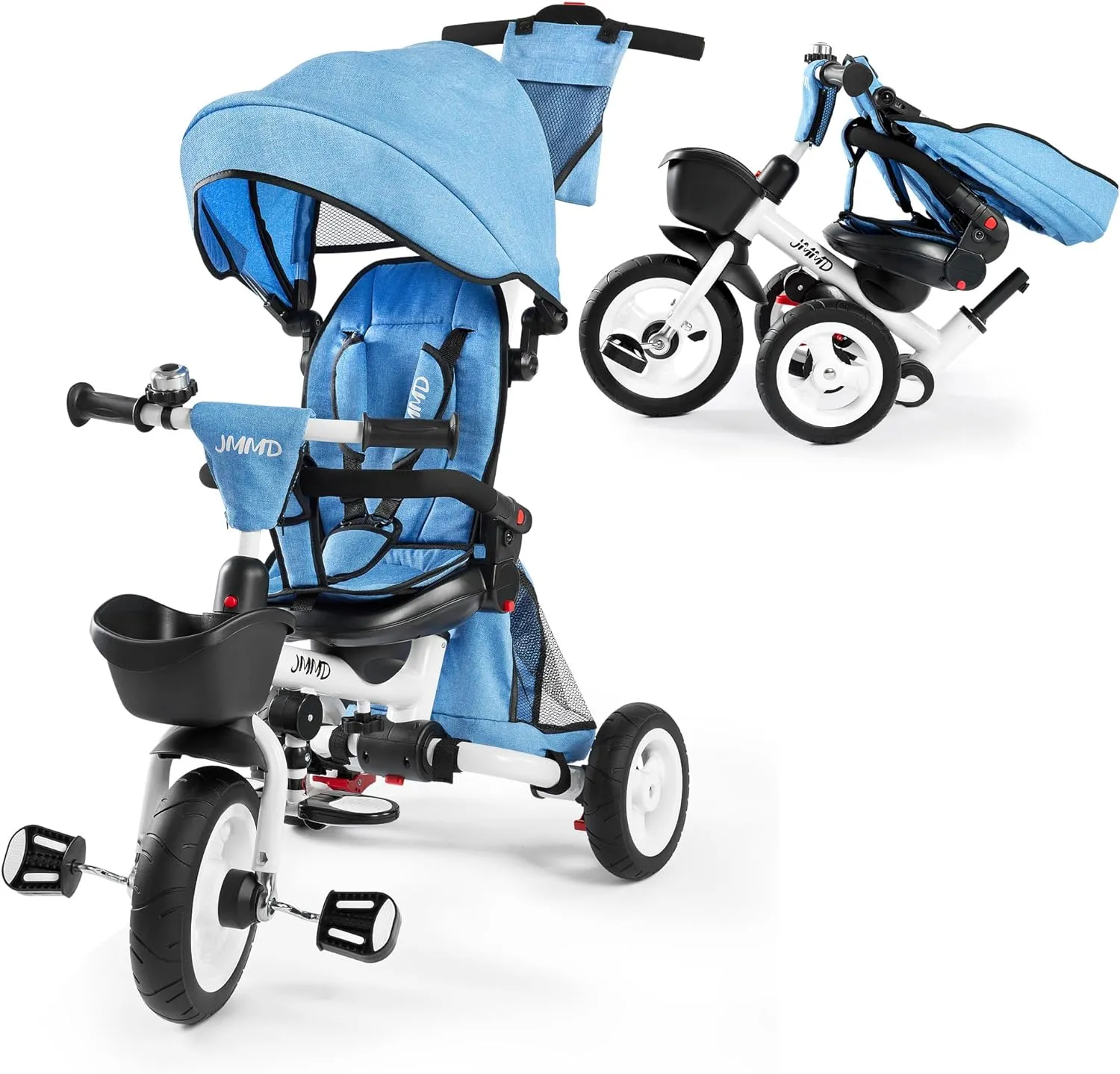 JMMD Baby Tricycle, 7-in-1 Folding Kids Trike with Adjustable Parent Handle, Safety Harness & Wheel Brakes, Removable Canopy, Storage, Stroller Bike Gift for Toddlers 18 Months - 5 Years(Blue)