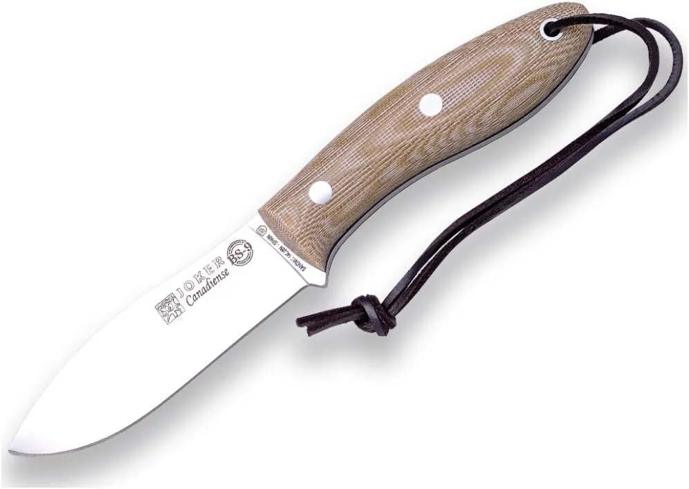 Joker Bushcraft Knife Canadiense CM114-P, Micarta Canvas Brown Handle, 4.13 inches blade of SANDVIK 14C28N, brown leather Sheath and Fire Starter, Tool for fishing, Hunting, camping and hiking