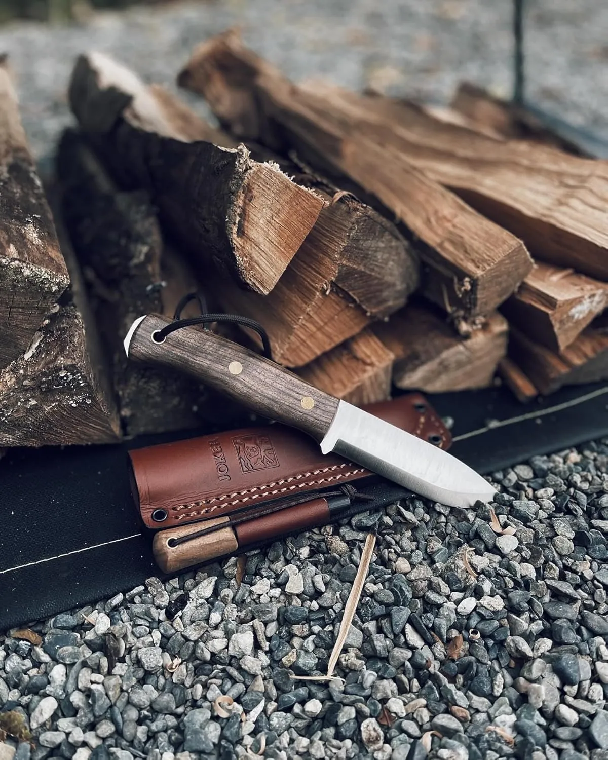 Joker Ember Scandi CN122-P Outdoor Tool with Leather Sheath – 4.13" Sandvik 14C28N Steel Blade – Versatile Knife for Fishing, Camping, Hiking and Bushcraft (Walnut Wood, Leather Sheath with FireStarter)