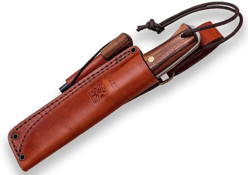 Joker Ember Scandi CN122-P Outdoor Tool with Leather Sheath – 4.13" Sandvik 14C28N Steel Blade – Versatile Knife for Fishing, Camping, Hiking and Bushcraft (Walnut Wood, Leather Sheath with FireStarter)