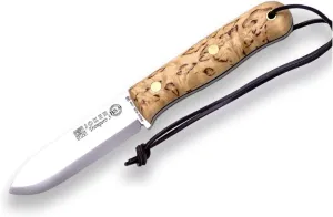 Joker Hunting Knife CL124-P Trampero Scandi, 3.94 inches Blade in Steel Sandvik 14C28N, Brown Leather Sheath, Tool for Fishing, Hunting, Camping and Hiking (Curly Birch Wood, Leather Sheath   FireStarter)