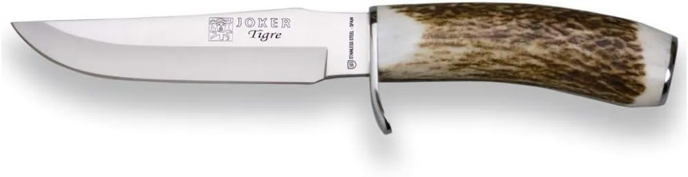 Joker Mountain knife CC33 Tigre, with deer horn handle and 5.51 inches MOVA blade, leather sheath, stainless steel ferrule, fishing tool, Hunting, camping and hiking.