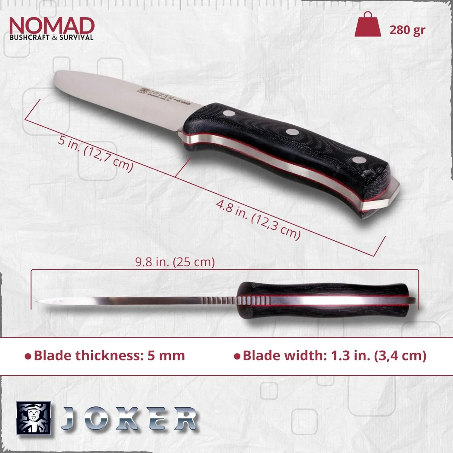 Joker Nomad CM125 hunting knife, 12.7 cm Böhler N695 steel blade, with different types of handle: walnut wood, green Micarta and black Micarta, tool for fishing, hunting, camping and hiking (Black Micarta Canvas, Leather Sheath)
