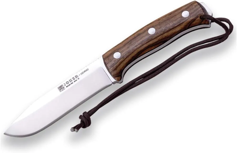Joker Nomad CN125-P hunting knife, 12.7 cm Böhler N695 steel blade, with different types of handle: walnut wood, green Micarta and black Micarta, tool for fishing, hunting, camping and hiking (Walnut Wood, Leather Sheath   FireStarter)