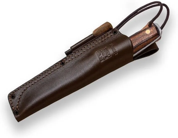 Joker Nomad CN125-P hunting knife, 12.7 cm Böhler N695 steel blade, with different types of handle: walnut wood, green Micarta and black Micarta, tool for fishing, hunting, camping and hiking (Walnut Wood, Leather Sheath   FireStarter)