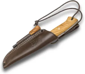 Joker Ranger CO144-P Bushcraft Hunting Knife – 4.3'' 14C28N Steel Blade, Olive Wood Handle, Brown Leather Sheath with Fire Starter – Outdoor Knife for Hunting, Fishing, Camping & Hiking