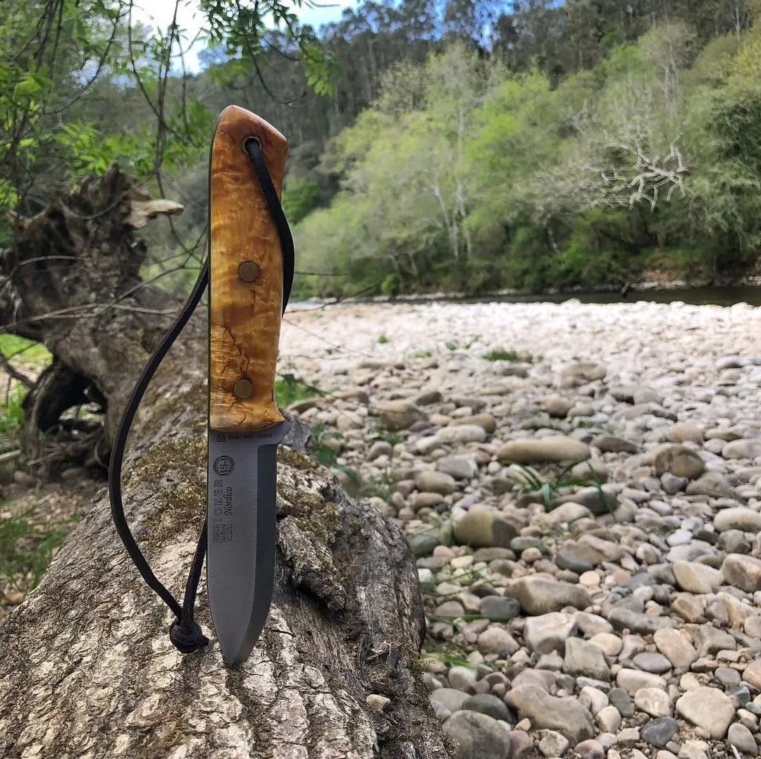 Joker Sport Hunting Knife Nórdico 115, Brown Leather Sheath, 3.94 inches Blade of SANDVIK 14C28N, Tool for Fishing, Hunting, Camping and Hiking (Curly Birch, Leather Sheath)