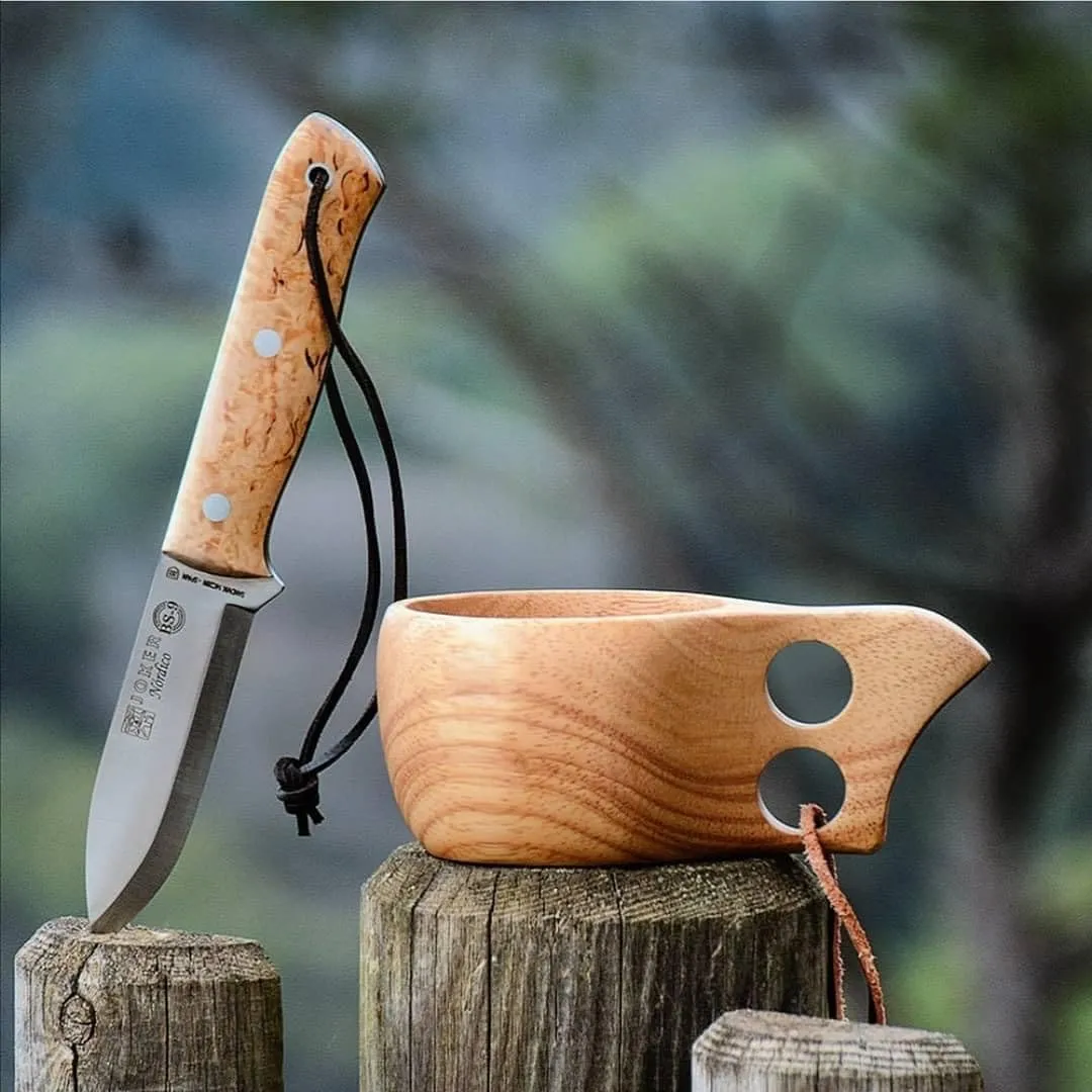 Joker Sport Hunting Knife Nórdico 115, Brown Leather Sheath, 3.94 inches Blade of SANDVIK 14C28N, Tool for Fishing, Hunting, Camping and Hiking (Curly Birch, Leather Sheath)
