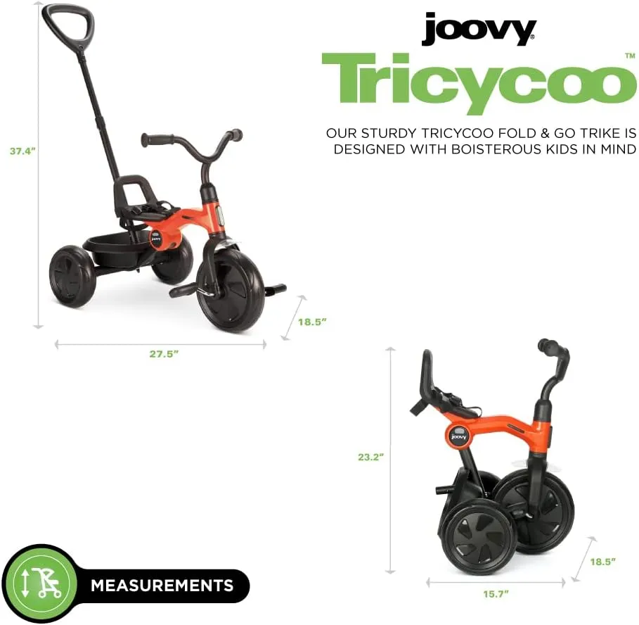 Joovy Tricycoo Fold & Go Toddler Tricycle Featuring Removable, Adjustable Push Handle, Lockable Front Pedals, Height-Adjustable Seat, 3-Point Safety Harness, and Rear Storage Box (Rorange), Large