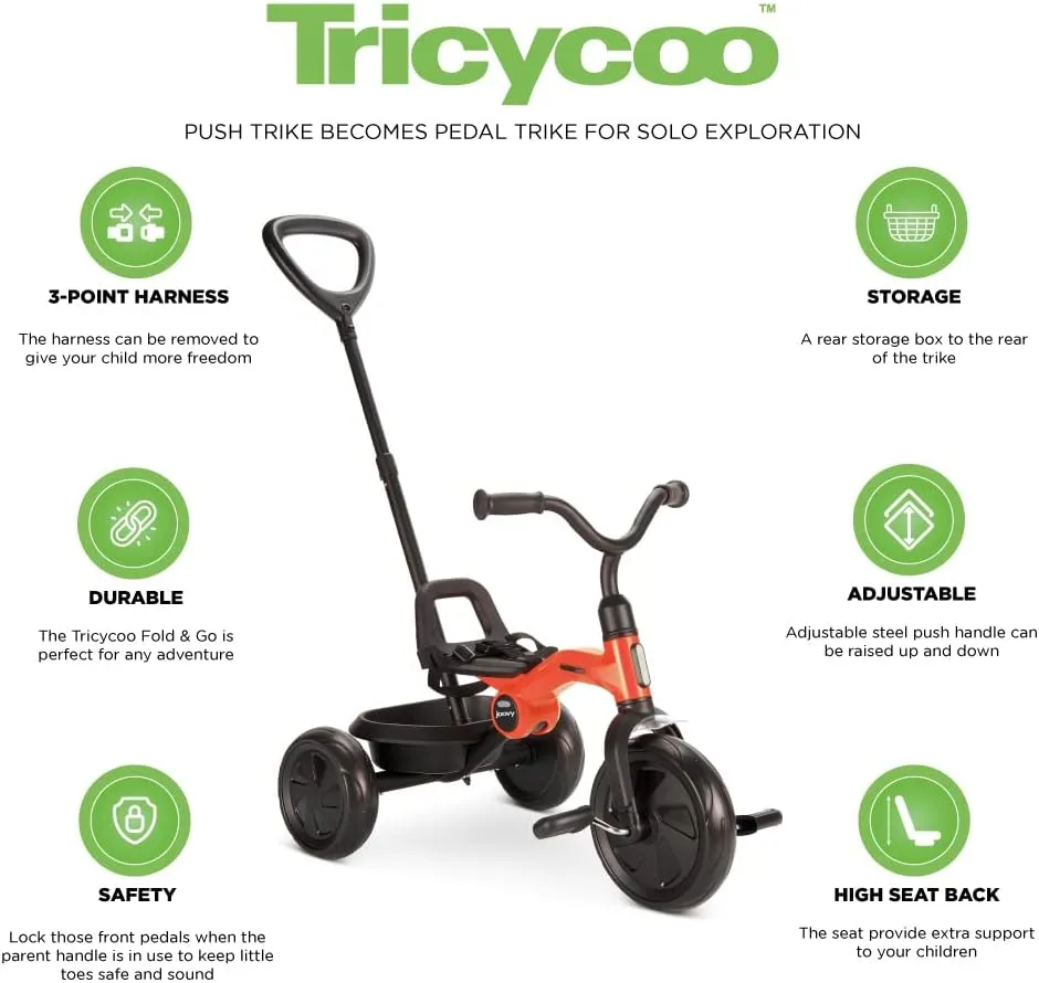 Joovy Tricycoo Fold & Go Toddler Tricycle Featuring Removable, Adjustable Push Handle, Lockable Front Pedals, Height-Adjustable Seat, 3-Point Safety Harness, and Rear Storage Box (Rorange), Large