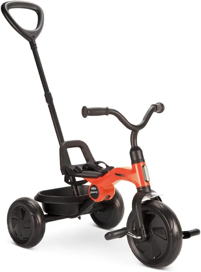 Joovy Tricycoo Fold & Go Toddler Tricycle Featuring Removable, Adjustable Push Handle, Lockable Front Pedals, Height-Adjustable Seat, 3-Point Safety Harness, and Rear Storage Box (Rorange), Large