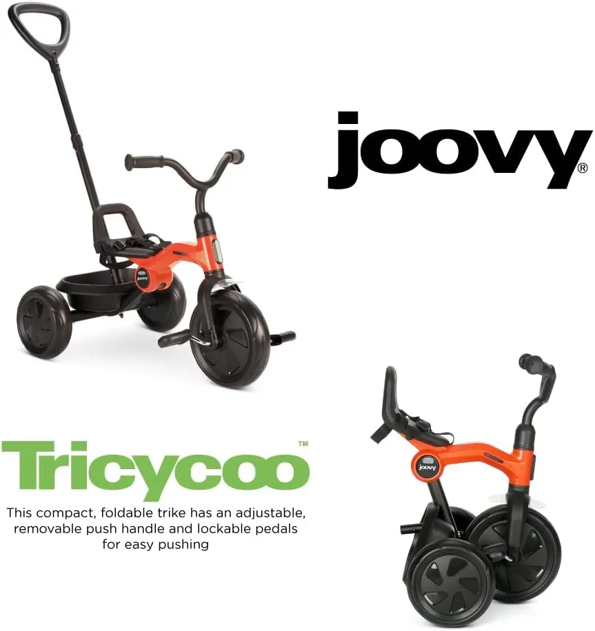 Joovy Tricycoo Fold & Go Toddler Tricycle Featuring Removable, Adjustable Push Handle, Lockable Front Pedals, Height-Adjustable Seat, 3-Point Safety Harness, and Rear Storage Box (Rorange), Large