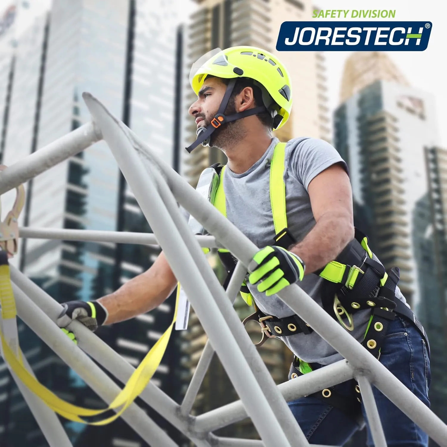 JORESTECH Safety Harness Full Body Protection Fall Arrest Yellow/Lime Back D Ring ANSI with High Visibility (3 D Rings (with Padding))