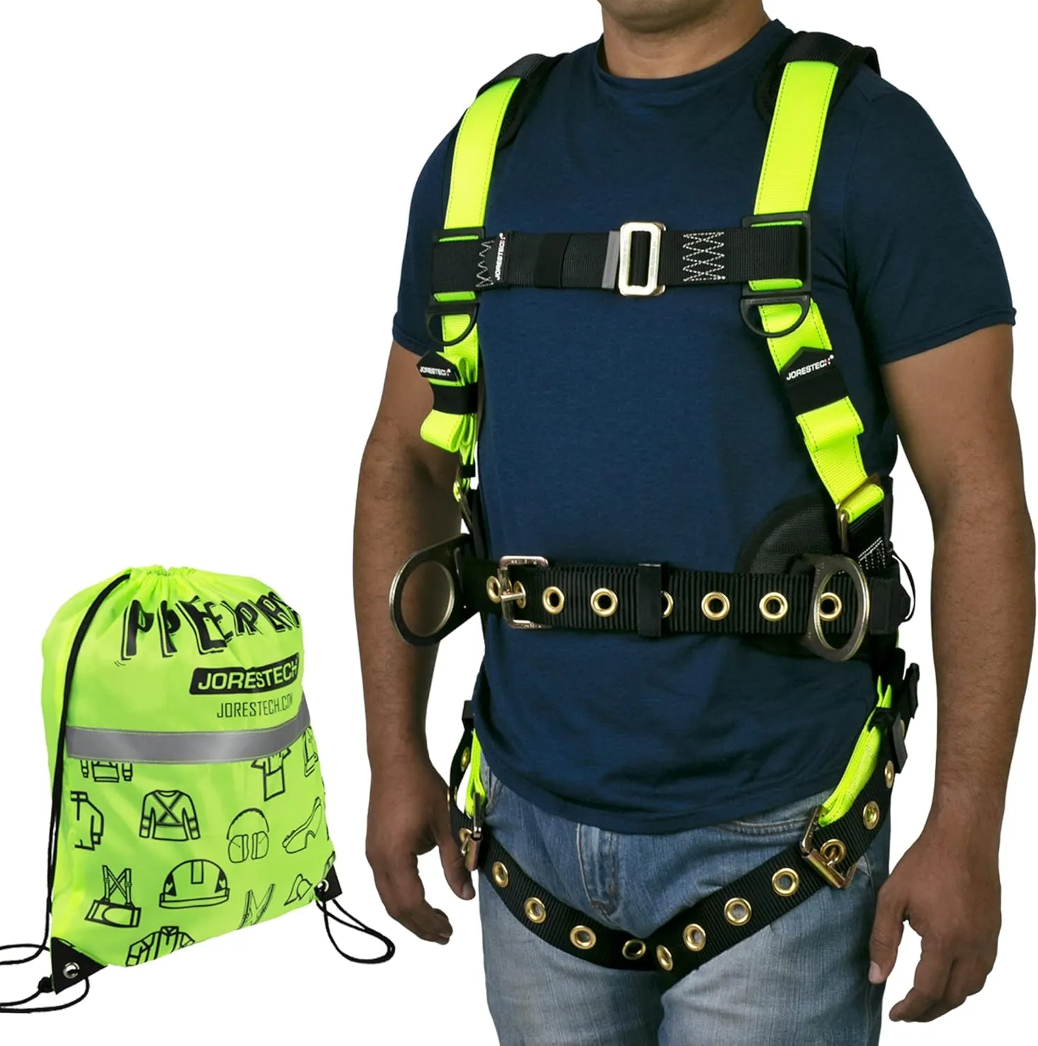 JORESTECH Safety Harness Full Body Protection Fall Arrest Yellow/Lime Back D Ring ANSI with High Visibility (3 D Rings (with Padding))