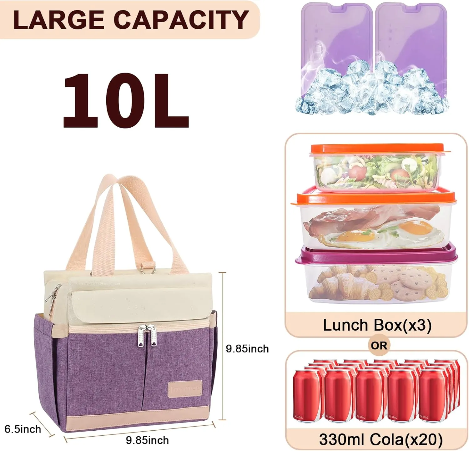 Joymee Lunch Box for Women Insulated Lunch Bag with Shoulder Strap Reusable Leakproof Large Spacious Lunch Cooler Tote for Women Adult with Bottle Holder and Side Pockets for Work Picnic - Purple