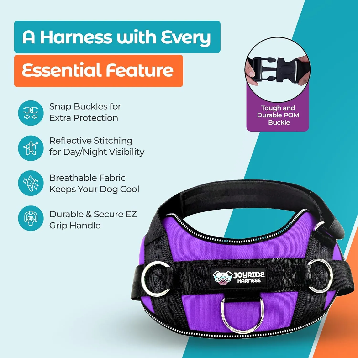 Joyride Basic Essential Dog Harness 1.0 - Small, Medium, Large Dogs, No-Pull Pet Vest with 3 Side Rings for Leash Placement, Adjustable for Training (Purple Majesty, 2XL)