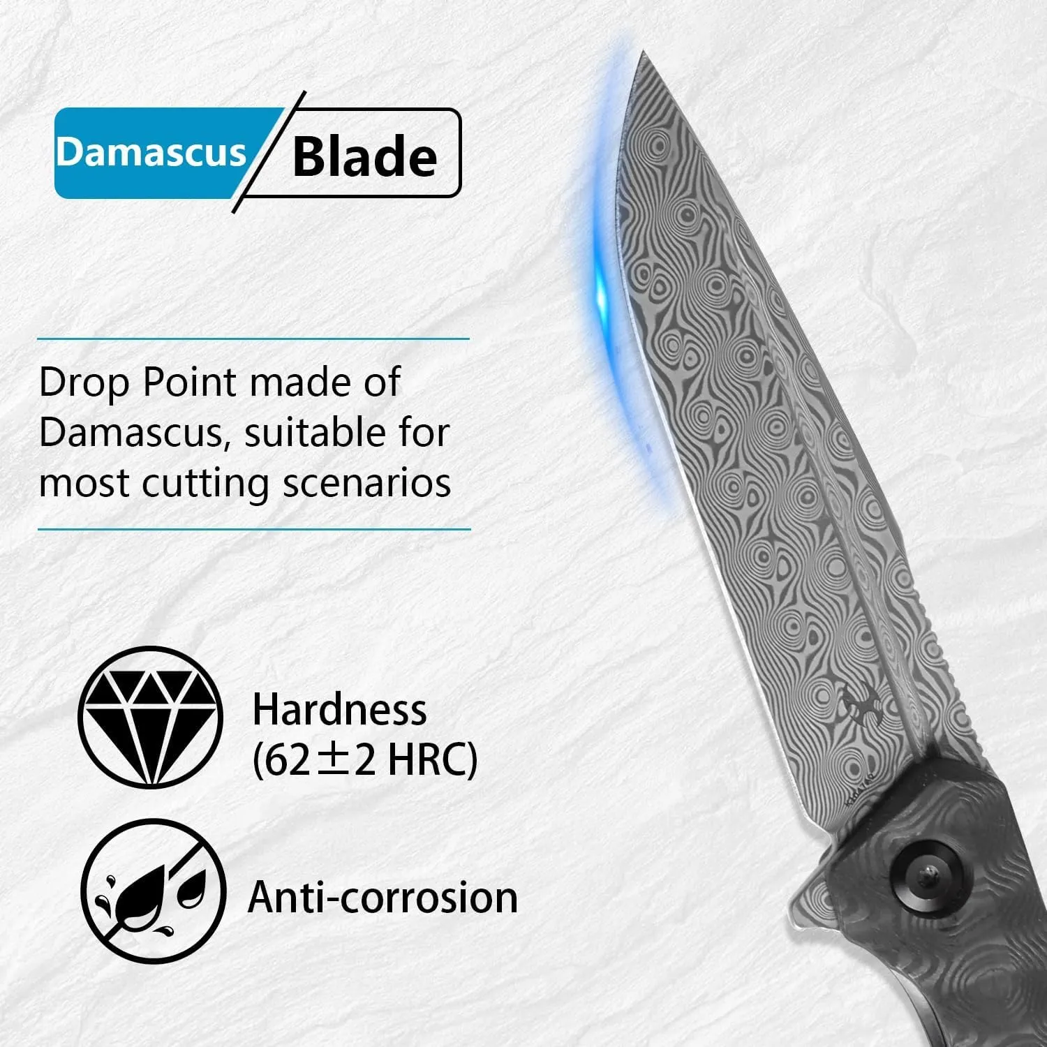KANSEPT Qilin Pocket Knife,3.24'' Damascus Sharp Blade, Black Rose Carbon Fiber Handle for Edc, Flipper and Liner Lock with Double-Sided Clip, Men Camping Survival Folding Knives K1047A2